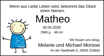 Babyanzeige von Matheo Morisse von Nordwest-Zeitung