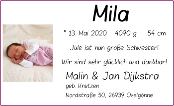 Babyanzeige von Mila Dijkstra von Nordwest-Zeitung