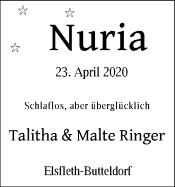 Babyanzeige von Nuria Ringer von Nordwest-Zeitung