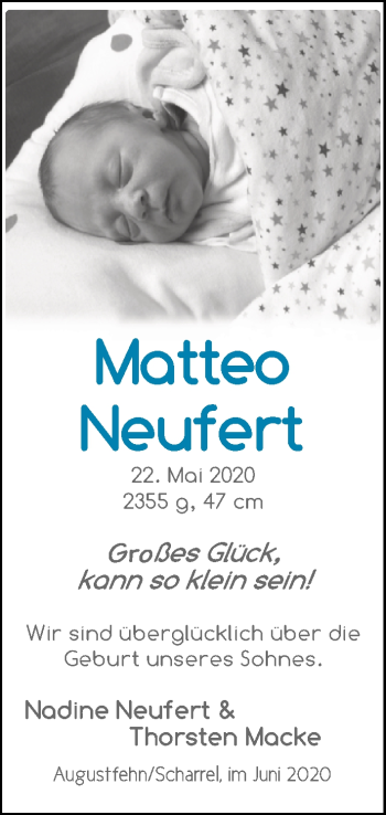Babyanzeige von Matteo Neufert von Nordwest-Zeitung
