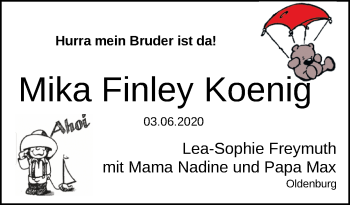Babyanzeige von Mika Finley Koenig von Nordwest-Zeitung