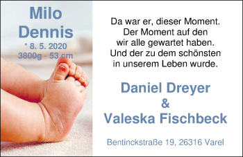 Babyanzeige von Milo Dennis  von Nordwest-Zeitung