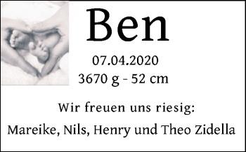 Babyanzeige von Ben Zidella von Nordwest-Zeitung