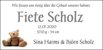 Babyanzeige von Fiete Scholz von Nordwest-Zeitung