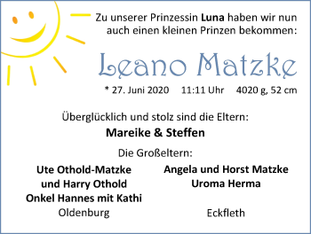 Babyanzeige von Leano Matzke von Nordwest-Zeitung