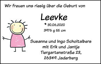 Babyanzeige von Leevke Scholtalbers von Nordwest-Zeitung