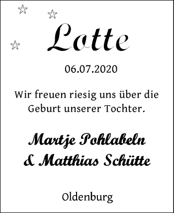Babyanzeige von Lotte  von Nordwest-Zeitung