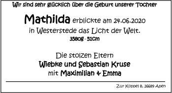 Babyanzeige von Mathilda Kruse von Nordwest-Zeitung