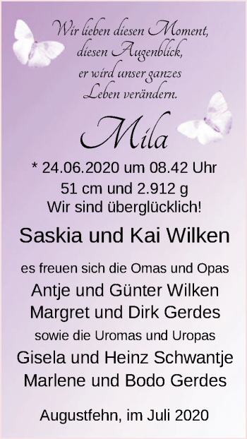Babyanzeige von Mila Wilken von Nordwest-Zeitung