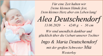 Babyanzeige von Alea Deutschendorf von Nordwest-Zeitung