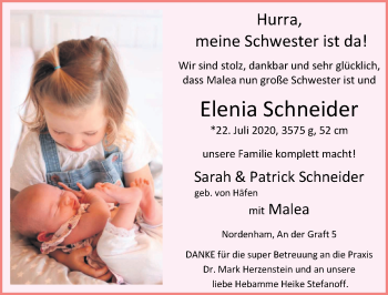 Babyanzeige von Elenia Schneider von Nordwest-Zeitung