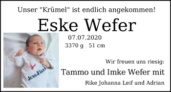 Babyanzeige von Eske Wefer von Nordwest-Zeitung