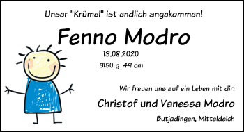 Babyanzeige von Fenno Modro von Nordwest-Zeitung