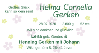 Babyanzeige von Helma Cornelia Gerken von Nordwest-Zeitung