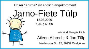 Babyanzeige von Jarno-Fiete Tülp von Nordwest-Zeitung