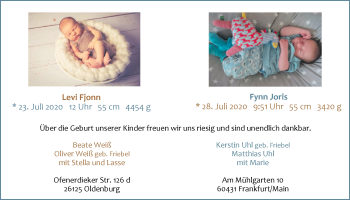 Babyanzeige von Levi Fjonn & Fynn Joris  von Nordwest-Zeitung