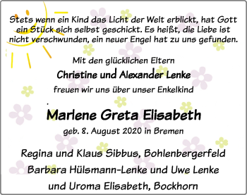 Babyanzeige von Regina Sibbus von Nordwest-Zeitung