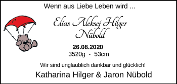 Babyanzeige von Elias Aleksej Hilger Nübold von Nordwest-Zeitung