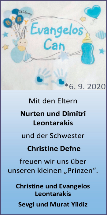 Babyanzeige von Evangelos Can Leontarakis von Nordwest-Zeitung