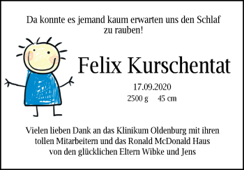 Babyanzeige von Felix Kurschentat von Nordwest-Zeitung