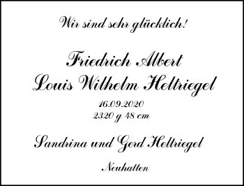Babyanzeige von Friedrich Albert Louis Wilhelm Heltriegel von Nordwest-Zeitung