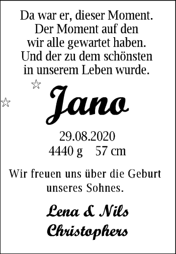 Babyanzeige von Jano  von Nordwest-Zeitung