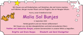 Babyanzeige von Malia Sol Bunjes von Nordwest-Zeitung