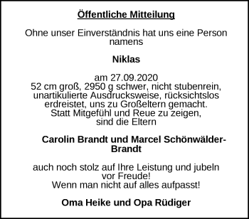 Babyanzeige von Niklas  von Nordwest-Zeitung