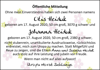 Babyanzeige von Otis und Johanna Heiduk von Nordwest-Zeitung
