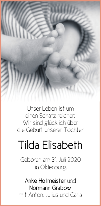 Babyanzeige von Tilda Hofmeister von Nordwest-Zeitung