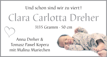 Babyanzeige von Clara Carlotta Dreher von Nordwest-Zeitung