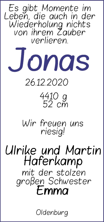 Babyanzeige von Jonas Haferkamp von Nordwest-Zeitung