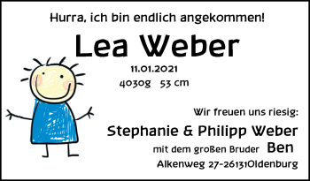 Babyanzeige von Lea Weber von Nordwest-Zeitung