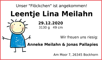 Babyanzeige von Leentje Lina Meilahn von Nordwest-Zeitung