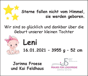 Babyanzeige von Leni  von Nordwest-Zeitung