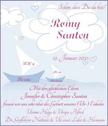 Babyanzeige von Romy Santen von Nordwest-Zeitung