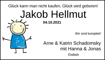 Babyanzeige von Jakob Hellmut Schadomsky von Nordwest-Zeitung