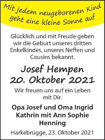 Babyanzeige von Josef Hempen von Nordwest-Zeitung
