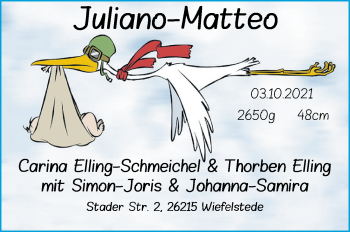 Babyanzeige von Juliano-Matteo Elling von Nordwest-Zeitung