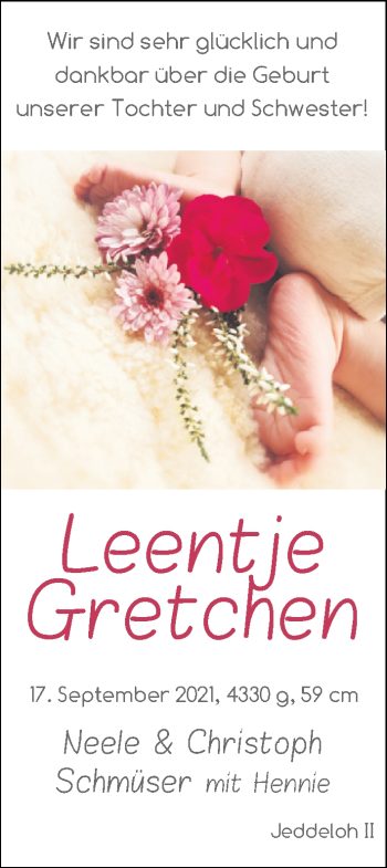 Babyanzeige von Leentje Gretchen Schmüser von Nordwest-Zeitung