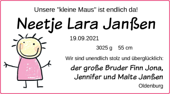 Babyanzeige von Neetje Lara Janßen von Nordwest-Zeitung