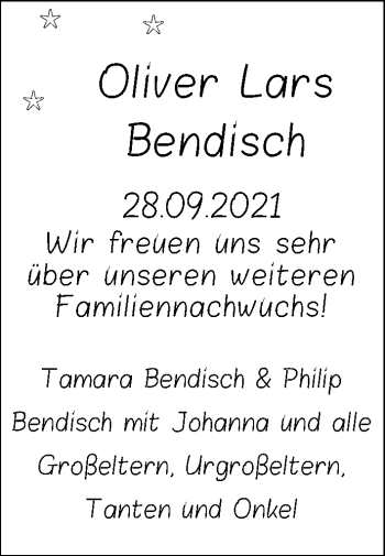 Babyanzeige von Oliver Lars Bendisch von Nordwest-Zeitung