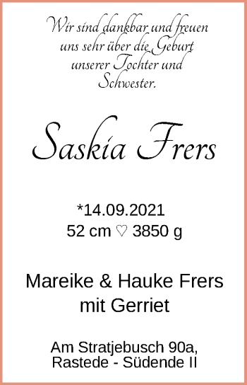 Babyanzeige von Saskia Frers von Nordwest-Zeitung