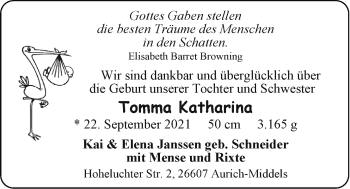 Babyanzeige von Tomma Katharina  von EZ