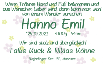 Babyanzeige von Hanno Emil  von Nordwest-Zeitung