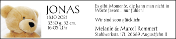 Babyanzeige von Jonas Remmert von Nordwest-Zeitung