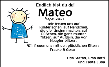 Babyanzeige von Mateo  von Nordwest-Zeitung