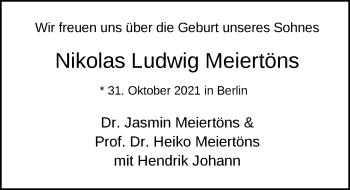 Babyanzeige von Nikolas Ludwig Meiertöns von Nordwest-Zeitung
