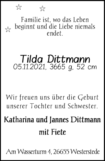 Babyanzeige von Tilda Dittmann von Nordwest-Zeitung