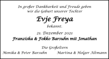 Babyanzeige von Evje Freya  von Nordwest-Zeitung